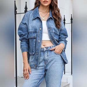 SALE 20% OFF Women's Button Up Dropped Shoulder Denim Jacket with Pockets